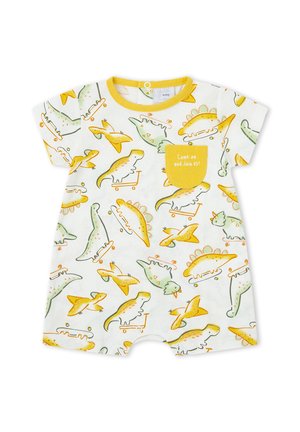Pelele blanco para bebé con ribete amarillo, con coloridos dinosaurios y pájaros montando en monopatines, y un bolsillo amarillo con el texto "¡Ven y únete a nosotros!".