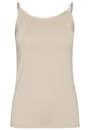 Beež tank top sujuval kangal, õhukeste rihmadega ja lihtsa, istuva disainiga, puhta kaeluse ning ilma mustriteta.