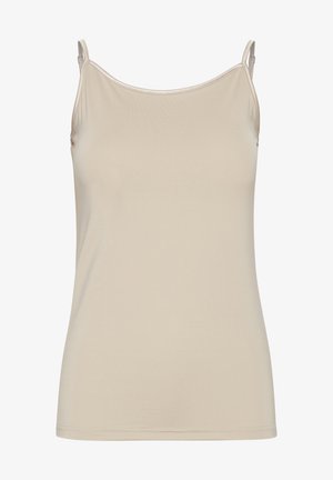 Débardeur beige en tissu lisse, avec des fines bretelles et un design simple et ajusté, offrant un décolleté épuré sans motifs.