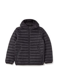 Abrigo acolchado negro con cremallera frontal, capucha y dos bolsillos laterales. Presenta un diseño acolchado y puños elásticos para un ajuste ceñido.