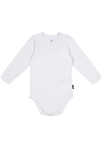 Hvid langærmet baby bodystocking lavet af blødt bomuld. Har en rund halsudskæring og tryknapper på skulderen for nemt påklædning.