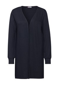 Mörk marinblå lång cardigan med djup V-hals, långa ärmar och ribbade muddar, med rak fåll och minimalistisk design.