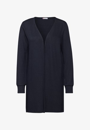 Cárdigan largo en un tono azul marino oscuro, con escote en V profundo, mangas largas y puños acanalados, que presenta un dobladillo recto y un diseño minimalista.