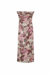 Robe longue sans bretelles en tissu doux et léger présentant un motif floral rose, marron et crème avec des détails froncés sur le corsage.