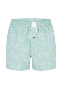 Bañador azul claro con un patrón de hojas de palma, cinturilla elástica y un botón en la parte delantera. Fabricado con tejido suave.