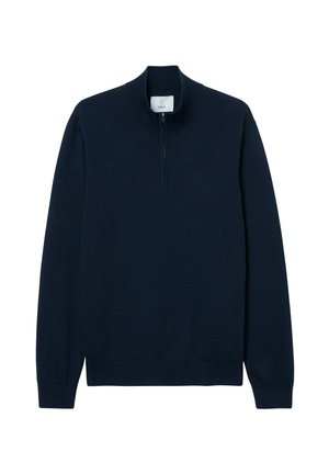 Marineblauwe sweatshirt met een halve rits en ribgebreide kraag. Lange mouwen en een gladde textuur, zonder patronen of versieringen.