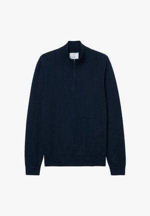 Marinblå sweatshirt med halv dragkedja och ribbad krage. Långa ärmar och en mjuk textur, utan mönster eller utsmyckningar.