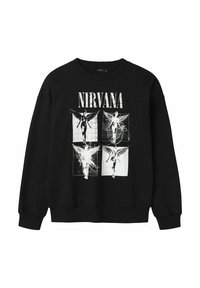 Schwarzer Kapuzenpullover mit einem grafischen Druck von vier Figuren mit Flügeln, begleitet von dem Text "NIRVANA" in fetten weißen Buchstaben an der Oberseite.