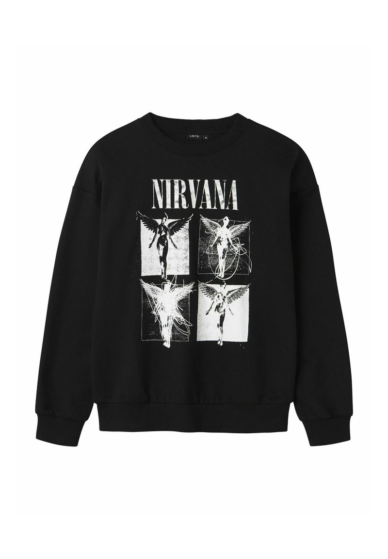 Schwarzer Kapuzenpullover mit einem grafischen Druck von vier Figuren mit Flügeln, begleitet von dem Text "NIRVANA" in fetten weißen Buchstaben an der Oberseite.