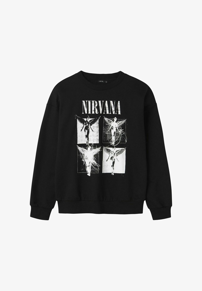 Felpa nera con una stampa grafica di quattro figure con ali, accompagnata dal testo "NIRVANA" in bold lettere bianche nella parte superiore.