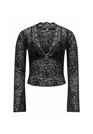 Top de encaje negro de mangas largas con escote en V, patrones florales intrincados y un diseño ajustado con un dobladillo corto.