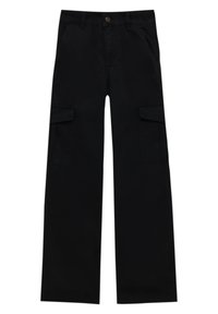 Pantalon cargo noir à jambes larges avec poches à rabat devant, poches latérales, passants de ceinture et fermeture par bouton à la taille.