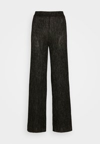 Pantalon noir à jambes larges avec des fines rayures métalliques verticales, taille élastique et tissu texturé.
