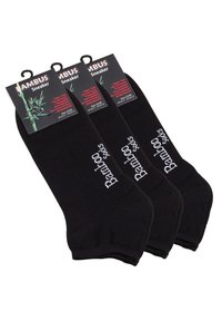 Schwarze Bambus-Sneakersocken mit einer weichen Textur und einem weißen "Bambus"-Logo. Dreierpack, bequeme Passform für den täglichen Gebrauch.