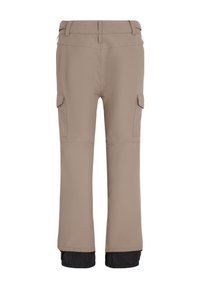 Beige cargo pants with two side pockets, a straight leg design, and a black elastic cuff at the hem. Made from lightweight, durable fabric.