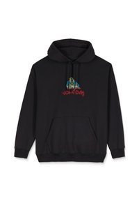 Zwarte hoodie met een voorzakje, voorzien van kleurrijke geborduurde graphics en tekst op de borst. Gemaakt van zachte, gestructureerde stof.