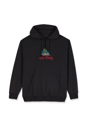 Zwarte hoodie met een voorzakje, voorzien van kleurrijke geborduurde graphics en tekst op de borst. Gemaakt van zachte, gestructureerde stof.