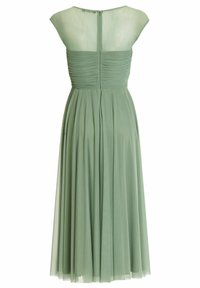 Robe sans manches en chiffon vert sauge avec un corsage froncé, un dos supérieur transparent et une jupe plissée fluide, vue de dos.