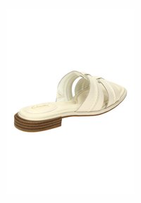 Infradito in pelle bianca con molteplici fasce incrociate, punta affusolata e tacco basso in legno. Interno morbido.