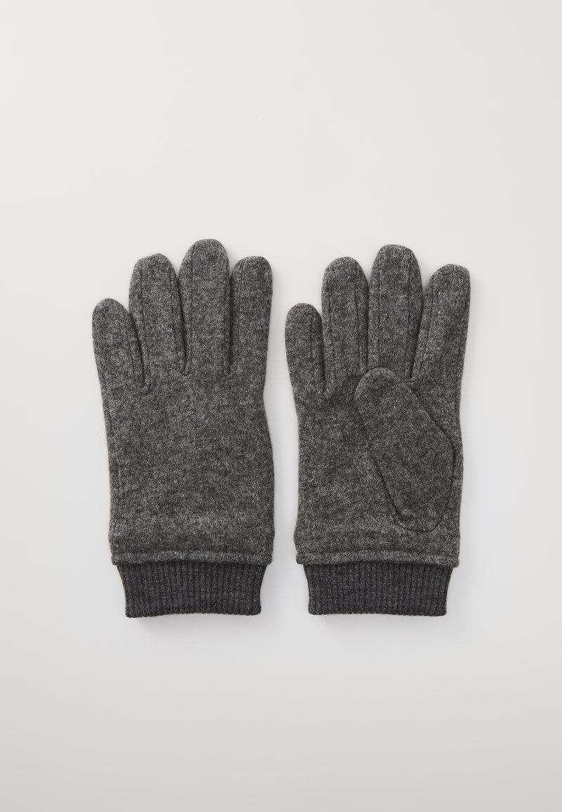 Szürke gyapjú kesztyű ribetes mandzsettával. Négyujjas és hüvelykujjas kialakítás, texturált minta és megerősített hüvelykujj rész jellemzi.