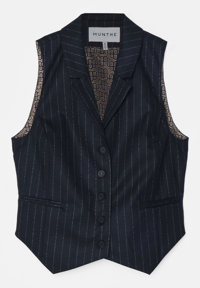 Navy pinstriped sleeveless vest with a textured feel, featuring a five-button closure and a patterned lining in shades of brown and gold.
