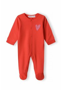 Rød bomulds babybody med lange ærmer, trykknapper ned foran, og et lyserødt hjerte-design på venstre bryst. Blød fodtøj-stil.