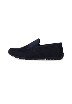 Marineblauer Slipper aus Wildleder für Herren mit schwarzer Gummisohle und gestickten Details, seitlich gezeigt.