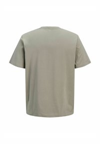 T-shirt gris clair uni à manches courtes vu de dos avec un col rond sur un fond blanc.