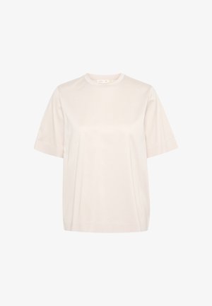 Růžové krátké tričko s krátkým rukávem vyrobené z jemné tkaniny, s kulatým výstřihem a uvolněným střihem, s minimálním zdobením a bez vzorů.