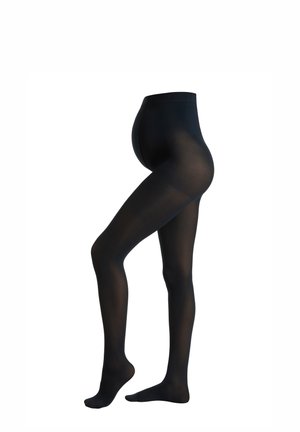 Schwarze Schwangerschaftsstrumpfhosen mit hohem Bund, transparenter Textur und einer eng anliegenden Form, die von der Taille bis zu den Füßen reicht.