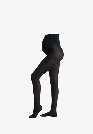 Černé těhotenské punčocháče s vysokým pasem, průsvitnou texturou a těsně padnoucím designem, který pokrývá tělo od pasu až po nohy.