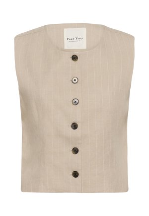 Veste sans manches beige avec fines rayures blanches discrètes, encolure ronde, et six boutons avant de nuances variées.