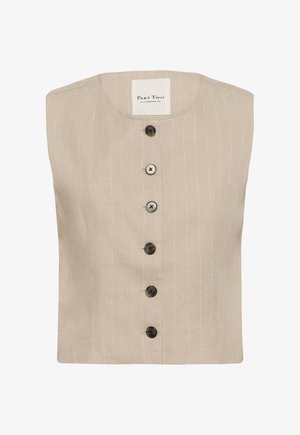 Veste sans manches beige avec fines rayures blanches discrètes, encolure ronde, et six boutons avant de nuances variées.