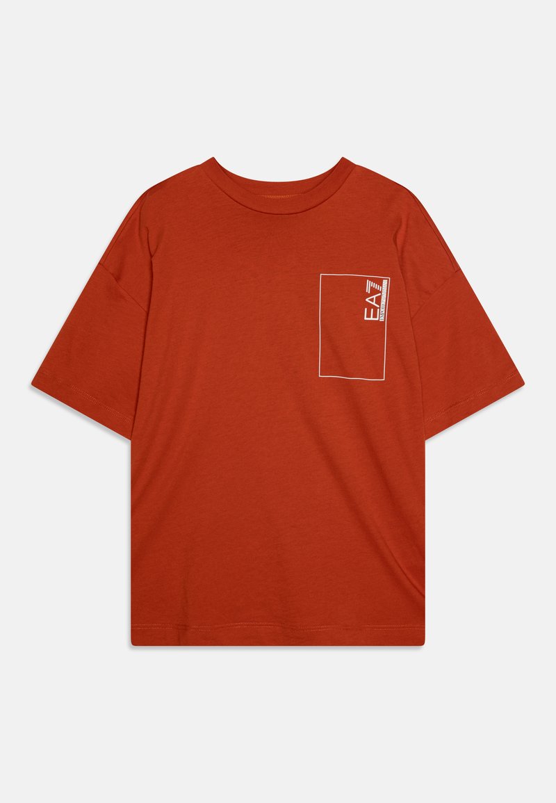 Orange t-shirt with a round neck, short sleeves, and a white pocket outline featuring a small logo in the upper left corner.