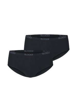 Dwie czarne męskie bokserki z nadrukiem "SLOGGI" na elastycznych pasach, prezentowane na białym tle.