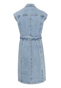Sleeveless light blue denim dress with a collar, vertical seams, and a matching belt at the waist, shown from the back.