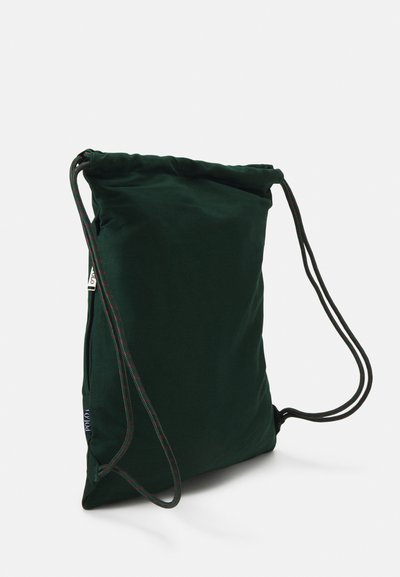 Green fabric drawstring bag with a rectangular shape, reinforced stitching, and braided cord handles featuring a subtle plaid pattern.