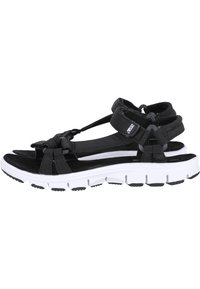 Black athletic sandals with a lightweight white sole, adjustable straps, and textured uppers. Features secure closures and a durable design.