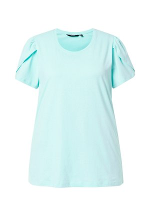 Hellblaue Bluse mit kurzen Ärmeln, rundem Ausschnitt und gerafften Puffärmeln, flach ohne Hintergrund oder Accessoires dargestellt.