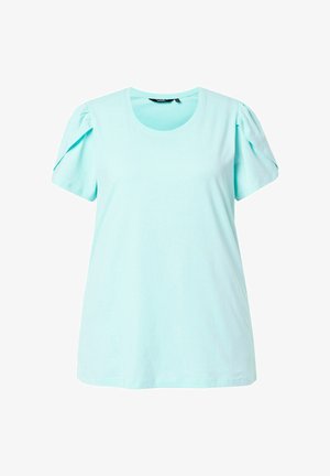 Hellblaue Bluse mit kurzen Ärmeln, rundem Ausschnitt und gerafften Puffärmeln, flach ohne Hintergrund oder Accessoires dargestellt.