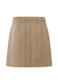 Brun tweedkjol med gula och grå mönster, med en figursydd midja och rak silhuett. Tyget verkar vara något texturerat.