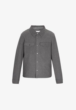 Jachetă din lână gri, cu guler ascuțit, două buzunare pe piept cu clapete cu nasturi și închidere cu butoane tip snap pe față.