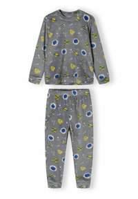 Set de pijama gri format dintr-un tricou cu mânecă lungă și pantaloni. Decorat cu planete, stele și forme geometrice în galben și albastru. Textură moale.