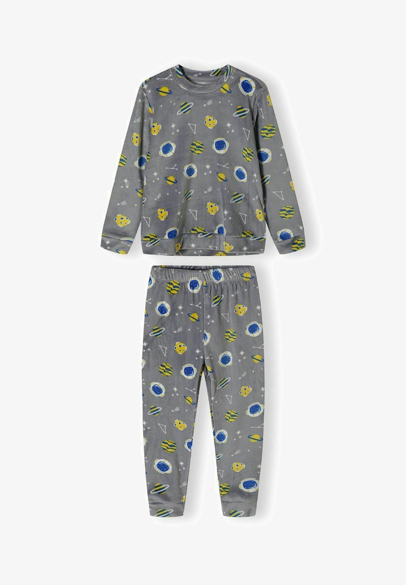 Set de pijama gri format dintr-un tricou cu mânecă lungă și pantaloni. Decorat cu planete, stele și forme geometrice în galben și albastru. Textură moale.
