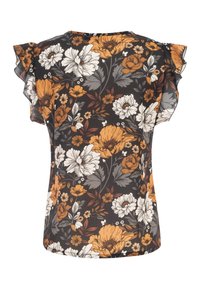 Blusa nera con maniche a volant, decorata con un grande motivo floreale arancione, bianco e grigio.