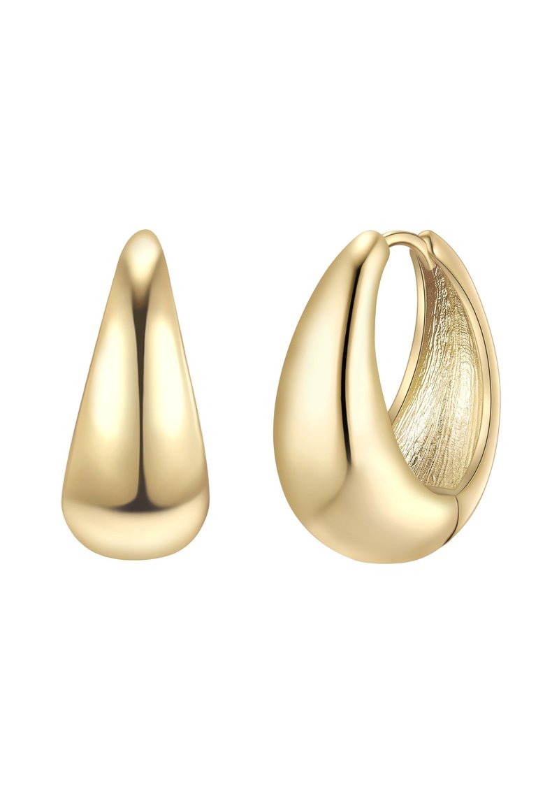 Zelta krāsas auskari ar asaru formu un struktūrētu iekšpusi. Viens auskaru pāris ir gluda asara forma, bet otrs ir riņķa dizains.