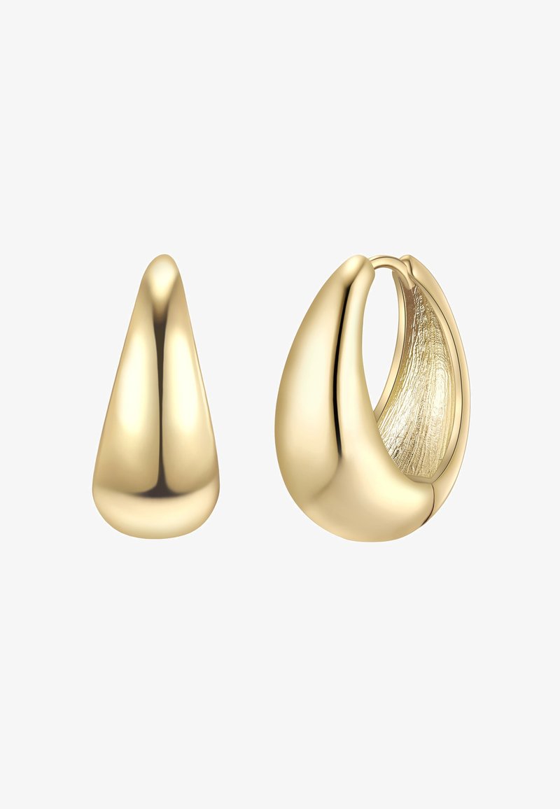 Zelta krāsas auskari ar asaru formu un struktūrētu iekšpusi. Viens auskaru pāris ir gluda asara forma, bet otrs ir riņķa dizains.