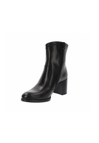 Zwarte leren enkelboot met een ronde neus en een blokhak. Heeft een zijrits en een gladde textuur met minimale stikdetails.