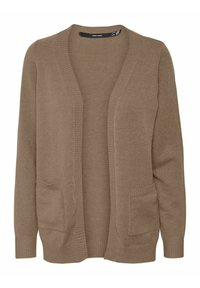 Beige neulecardigan, jossa on pitkät hihat, avoin etuosa, ribbauskäppäät ja kaksi etutaskua. Pehmeä rakenne, rento istuvuus, rento muotoilu.