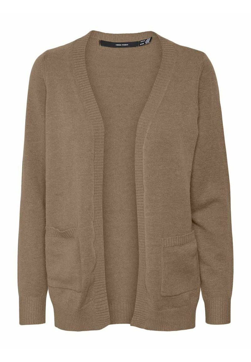Beige neulecardigan, jossa on pitkät hihat, avoin etuosa, ribbauskäppäät ja kaksi etutaskua. Pehmeä rakenne, rento istuvuus, rento muotoilu.